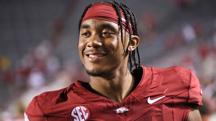 Arkansas Razorbacks quarterback Taylen Green (10) celebrates after the game against the Pine Bluff Golden Lions at War Memorial Stadium. Arkansas won 70-0.