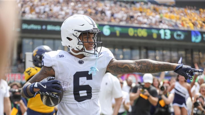 Penn State wide receiver Harrison Wallace III celebrates after catching a pass for a touchdown during the second quarter against the West Virginia Mountaineers. 