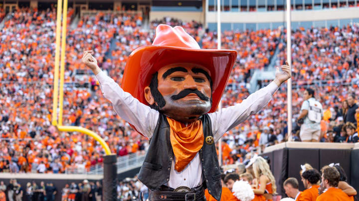 Pistol Pete cheers on the fans during a Bedlam college football game between the Oklahoma State University Cowboys (OSU) and the University of Oklahoma Sooners (OU) at Boone Pickens Stadium in Stillwater, Okla., Saturday, Nov. 4, 2023.