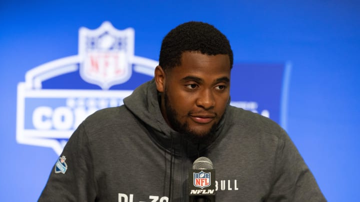 Feb 28, 2024; Indianapolis, IN, USA; Houston defensive lineman Nelson Ceaser (DL30) talks to the media at the 2024 NFL Combine at Indiana Convention Center. Mandatory Credit: Trevor Ruszkowski-USA TODAY Sports