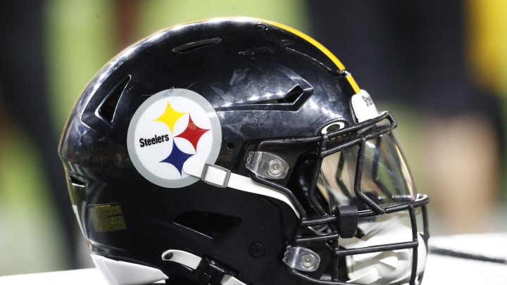 Aug 9, 2024; Pittsburgh, Pennsylvania, USA;  A Pittsburgh Steelers helmet sits on an equipment trunk during the game against the Houston Texans during the fourth quarter at Acrisure Stadium. Mandatory Credit: Charles LeClaire-USA TODAY Sports