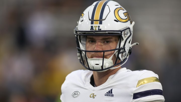 Nov 12, 2022; Atlanta, Georgia, USA; Georgia Tech Yellow Jackets quarterback Zach Pyron (14) warms up before a game against the Miami Hurricanes at Bobby Dodd Stadium. Mandatory Credit: Brett Davis-USA TODAY Sports