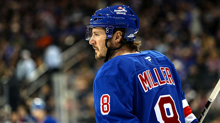 Feb 2, 2025; New York, New York, USA; New York Rangers center J.T. Miller (8) skates against the Vegas Golden Knights during the first period at Madison Square Garden. Mandatory Credit: Danny Wild-Imagn Images
