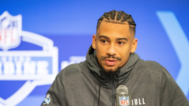 Mar 1, 2024; Indianapolis, IN, USA; Washington wide receiver Jalen McMillan (WO17) talks to the media during the 2024 NFL Combine at Lucas Oil Stadium. Mandatory Credit: Trevor Ruszkowski-USA TODAY Sports