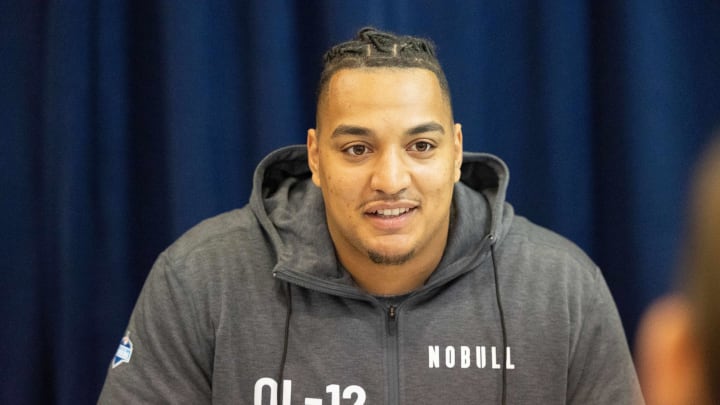 Mar 2, 2024; Indianapolis, IN, USA; Texas Christian offensive lineman Brandon Coleman (OL12) talks to the media during the 2024 NFL Combine at Lucas Oil Stadium. Mandatory Credit: Trevor Ruszkowski-USA TODAY Sports