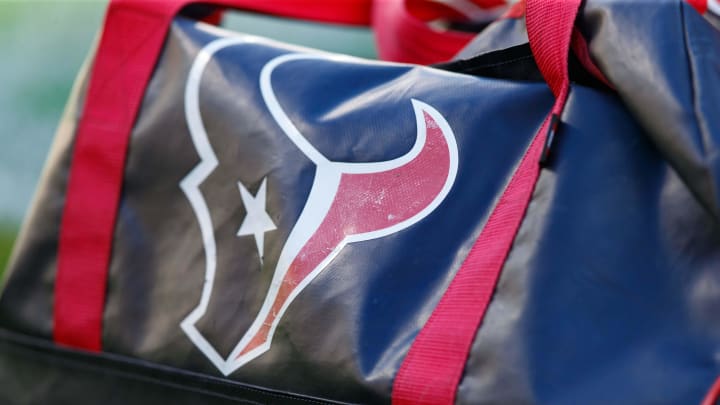 Aug 8, 2019; Green Bay, WI, USA; Houston Texans logo on an equipment bag prior to the game against the Green Bay Packers at Lambeau Field. Mandatory Credit: Jeff Hanisch-USA TODAY Sports