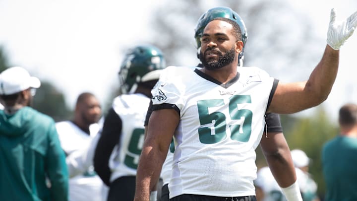 Eagles' Brandon Graham (55) takes to the practice field during training camp Thursday at the NovaCare Complex.