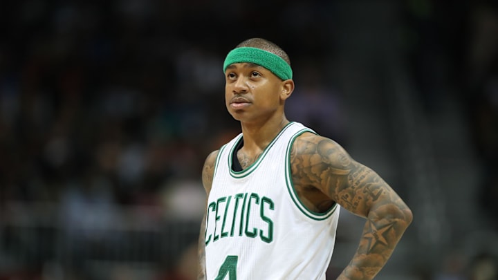 Apr 6, 2017; Atlanta, GA, USA; Boston Celtics guard Isaiah Thomas (4) reacts to a play during their game against the Atlanta Hawks at Philips Arena. The Hawks won 123-116. Mandatory Credit: Jason Getz-Imagn Images