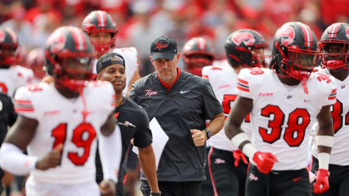 Sep 16, 2023; Columbus, Ohio, USA; Western Kentucky Hilltoppers head coach Tyson Helton during the first quarter against the Ohio State Buckeyes at Ohio Stadium. Mandatory Credit: Joseph Maiorana-USA TODAY Sports