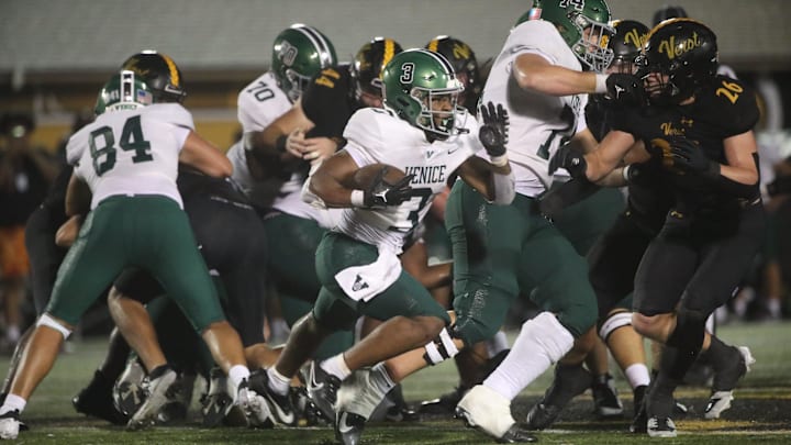 Action from a high school football game between Bishop Verot and Venice at Bishop Verot on Friday, Sept. 6, 2024. Venice won the offensive slugfest.