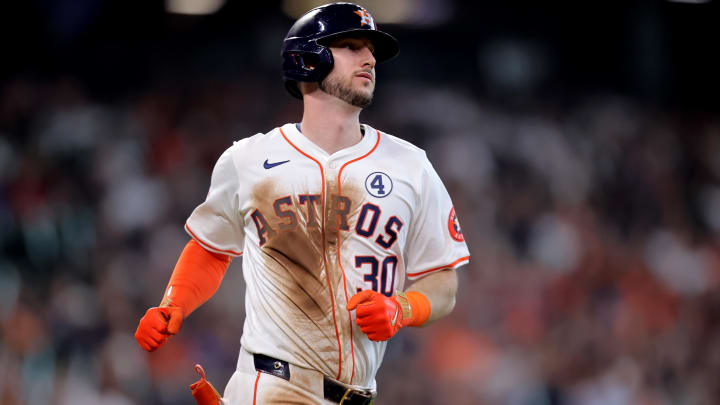 Jun 2, 2024; Houston, Texas, USA; Houston Astros designated hitter Kyle Tucker (30) runs to first base after hitting a single against the Minnesota Twins during the third inning at Minute Maid Park.