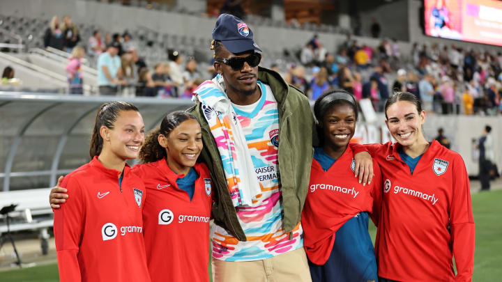 Jun 28, 2024; San Diego, California, USA; NBA player Jimmy Butler meets with members of the Chicago Red Stars after the match  at Snapdragon Stadium. Mandatory Credit: Julia Kapros-USA TODAY Sports