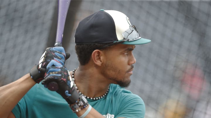 Seattle Mariners designated hitter outfielder Julio Rodriguez (44) in the batting cage before a game against the Pittsburgh Pirates at PNC Park on Aug 16.