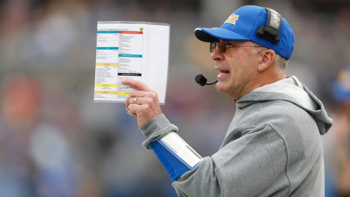 Nov 4, 2023; Pittsburgh, Pennsylvania, USA;  Pittsburgh Panthers head coach Pat Narduzzi gestures on the sidelines against the Florida State Seminoles during the first quarter at Acrisure Stadium. Mandatory Credit: Charles LeClaire-USA TODAY Sports