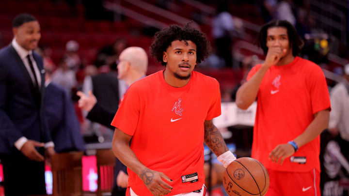 Apr 9, 2024; Houston, Texas, USA; Houston Rockets guard Jalen Green (4) warms up prior to the game against the Orlando Magic at Toyota Center. Mandatory Credit: Erik Williams-USA TODAY Sports