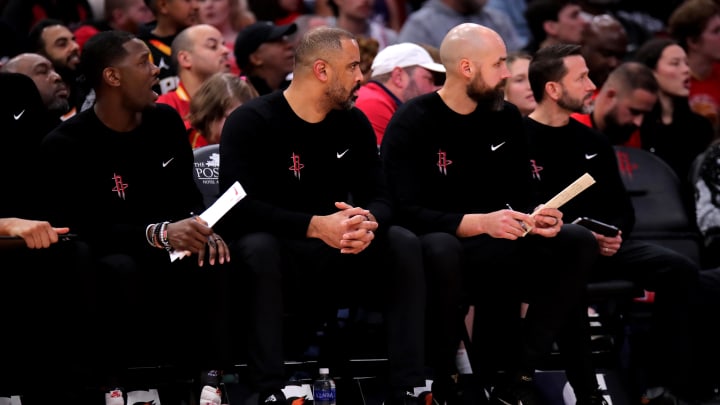 Dec 27, 2023; Houston, Texas, USA; Houston Rockets head coach Ime Udoka sits on the bench during the first quarter against the Phoenix Suns at Toyota Center. Mandatory Credit: Erik Williams-USA TODAY Sports