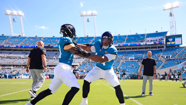 Jacksonville Jaguars linebacker Travon Walker (44) drills with linebacker Josh Allen (41) before an NFL football matchup Sunday, Oct. 15, 2023 at EverBank Stadium in Jacksonville, Fla. The Jacksonville Jaguars defeated the Indianapolis Colts 37-20. [Corey Perrine/Florida Times-Union]