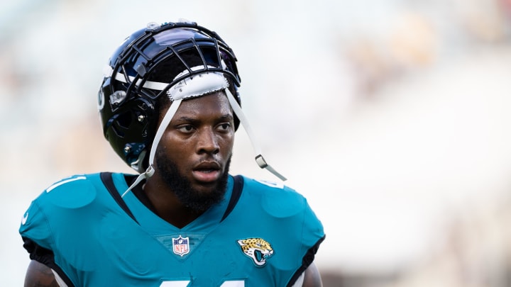 Aug 20, 2022; Jacksonville, Florida, USA; Jacksonville Jaguars linebacker Josh Allen (41) looks on before the game against the Pittsburgh Steelers at TIAA Bank Field. Mandatory Credit: Matt Pendleton-USA TODAY Sports