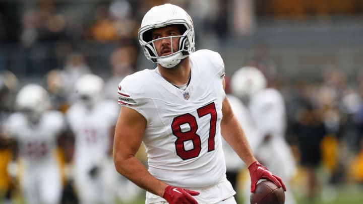 Dec 3, 2023; Pittsburgh, Pennsylvania, USA;  Arizona Cardinals tight end Geoff Swaim (87) warms up before the game against the Pittsburgh Steelers at Acrisure Stadium. 