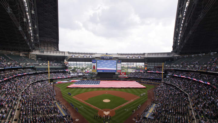 Jul 4, 2023; Milwaukee, Wisconsin, USA;  General view of American Family Field during the national anthem prior to the game between the Chicago Cubs and Milwaukee Brewers. Mandatory Credit: Jeff Hanisch-USA TODAY Sports