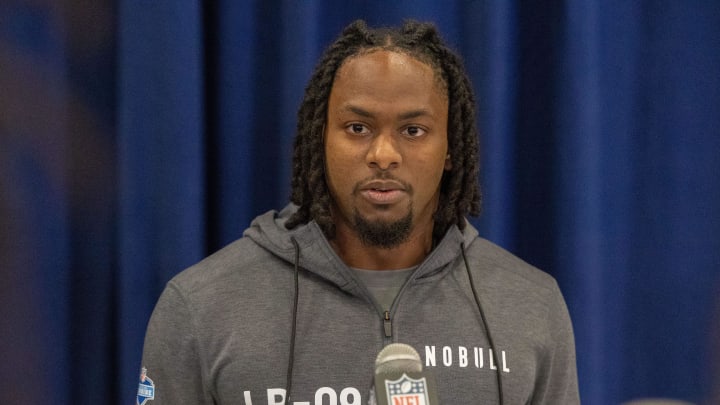 Feb 28, 2024; Indianapolis, IN, USA; Florida State linebacker Kalen Deloach (LB09) talks to the media at the 2024 NFL Combine at Indiana Convention Center. Mandatory Credit: Trevor Ruszkowski-USA TODAY Sports