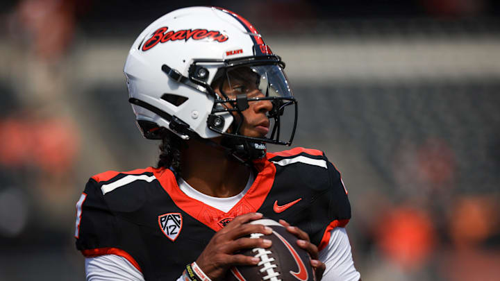 Oregon State Beavers quarterback Gevani McCoy (4) warms up before the game against Idaho State on Saturday, Aug. 31, 2024 at Reser Stadium in Corvallis, Ore.