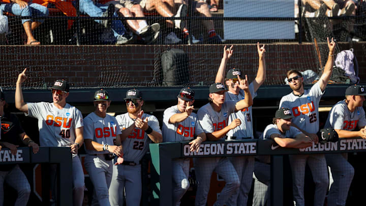Oregon State players cheer for their team in game 2 of the NCAA Super Regional against Florida State at Goss Stadium on Saturday, June 7, 2025 in Corvallis. Oregon State players cheer for their team in game 2 of the NCAA Super Regional against Florida State at Goss Stadium on Saturday, June 7, 2025 in Corvallis.