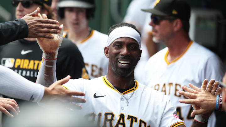 Jun 29, 2025; Pittsburgh, Pennsylvania, USA; Pittsburgh Pirates designated hitter Andrew McCutchen (22) high-fives in the dugout after scoring a run against the New York Mets during first inning at PNC Park. Mandatory Credit: Charles LeClaire-Imagn Images Jun 29, 2025; Pittsburgh, Pennsylvania, USA; Pittsburgh Pirates designated hitter Andrew McCutchen (22) high-fives in the dugout after scoring a run against the New York Mets during first inning at PNC Park. Mandatory Credit: Charles LeClaire-Imagn Images