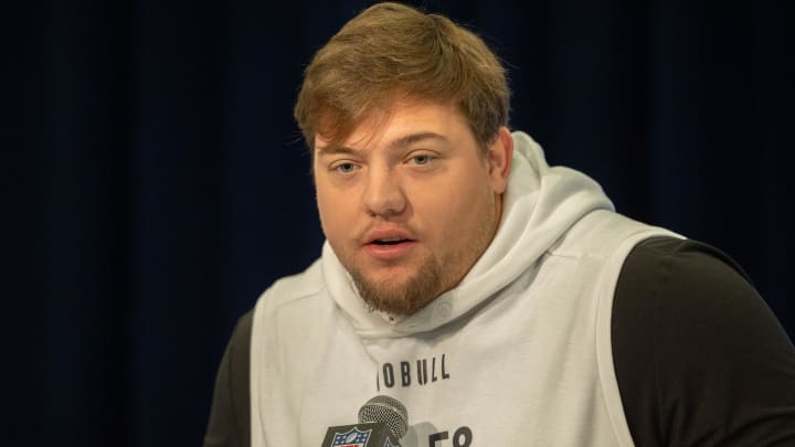 Mar 2, 2024; Indianapolis, IN, USA; Oregon offensive lineman Jackson Powers-Johnson (OL58) talks to the media during the 2024 NFL Combine at Lucas Oil Stadium. Mandatory Credit: Trevor Ruszkowski-USA TODAY Sports