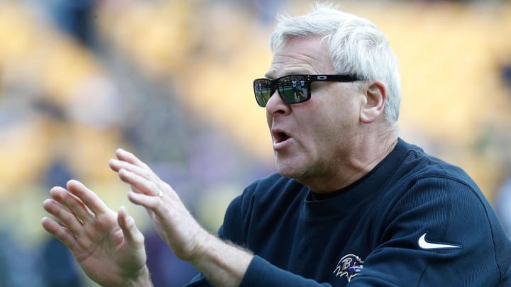 Oct 8, 2023; Pittsburgh, Pennsylvania, USA;  Baltimore Ravens offensive line coach Joe D'Alessandris instructs before the game against the Pittsburgh Steelers at Acrisure Stadium. Mandatory Credit: Charles LeClaire-USA TODAY Sports