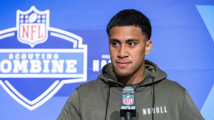 Mar 1, 2023; Indianapolis, IN, USA; Alabama linebacker Henry To'Oto'O (LB31) speaks to the press at the NFL Combine at Lucas Oil Stadium. Mandatory Credit: Trevor Ruszkowski-USA TODAY Sports