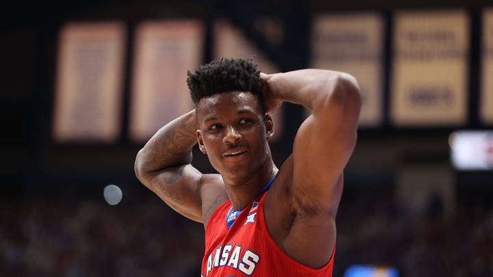 Kansas junior forward KJ Adams Jr. (24) reacts to a foul call in the first half of the Sunflower Showdown inside Allen Fieldhouse Tuesday, March 5, 2024.