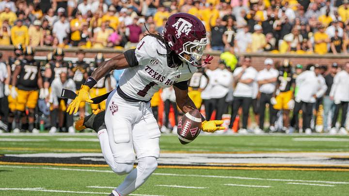 Oct 10, 2026; Columbia, Missouri, USA; Texas A&M Aggies wide receiver Mario Craver (1) can’t make the catch against the Missouri Tigers during the first half of the game at Faurot Field at Memorial Stadium. Mandatory Credit: Denny Medley-Imagn Images