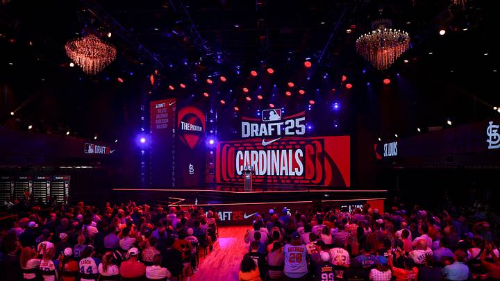 Jul 13, 2025; Atlanta, GA, USA; MLB Commissioner Rob Manfred announces the pick for the St. Louis Cardinals during the MLB Draft at The Coca-Cola Roxy. Mandatory Credit: Brett Davis-Imagn Images