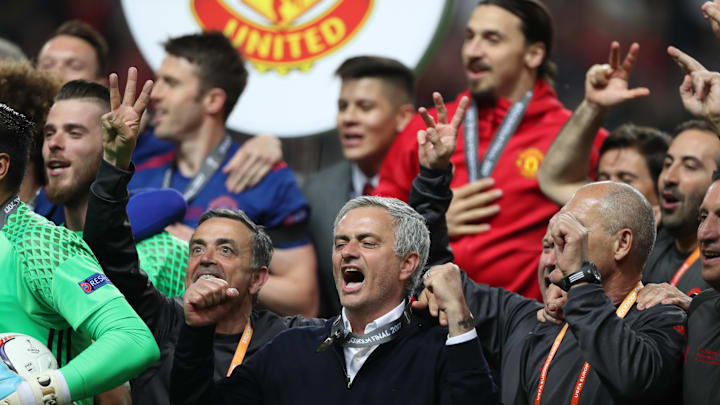 Jose Mourinho (center) was in charge the last time Manchester United won a European trophy of some sort.