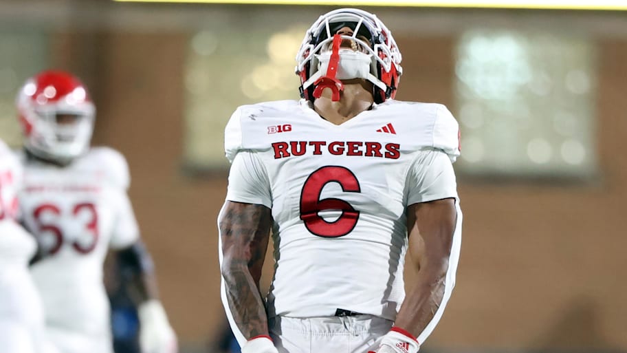 Nov 16, 2024; College Park, Maryland, USA; Rutgers Scarlet Knights defensive back Shaquan Loyal (6) celebrates during the second half against the Maryland Terrapins at SECU Stadium. Mandatory Credit: Daniel Kucin Jr.-Imagn Images | Daniel Kucin Jr.-Imagn Images