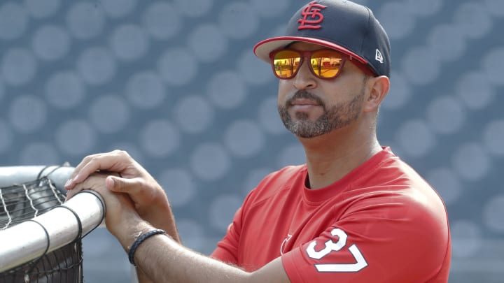 Jul 23, 2024; Pittsburgh, Pennsylvania, USA;  St. Louis Cardinals manager Oliver Marmol (37) looks on at the batting cage before a game against the Pittsburgh Pirates at PNC Park. Mandatory Credit: Charles LeClaire-USA TODAY Sports