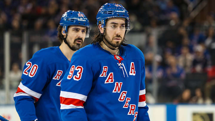 New York Rangers center Mika Zibanejad (93) and left wing Chris Kreider (20) could be traded this offseason. Mandatory Credit: Danny Wild-Imagn Images