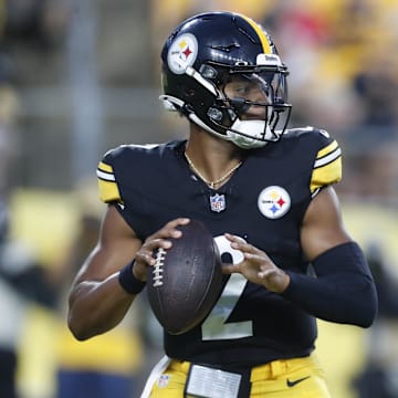 Aug 17, 2024; Pittsburgh, Pennsylvania, USA;  Pittsburgh Steelers quarterback Justin Fields (2) looks to pass against the Buffalo Bills during the second quarter at Acrisure Stadium. Mandatory Credit: Charles LeClaire-Imagn Images