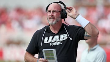 Sep 14, 2024; Fayetteville, Arkansas, USA; UAB Blazers head coach Trent Dilfer during the first quarter against the Arkansas Razorbacks at Donald W. Reynolds Razorback Stadium. Mandatory Credit: Nelson Chenault-Imagn Images