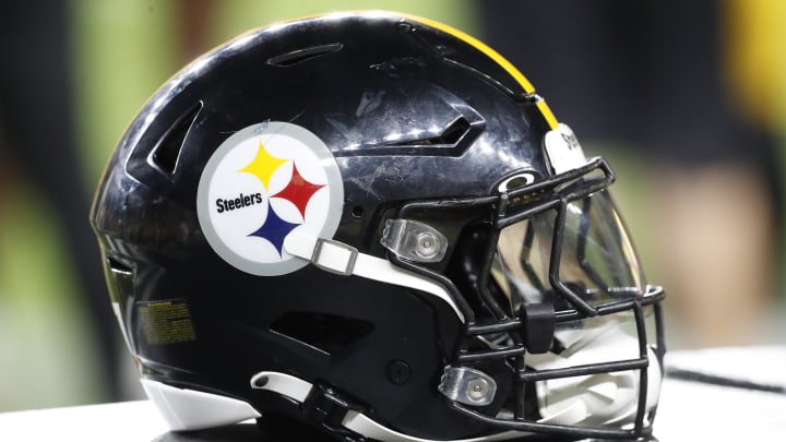 Aug 9, 2024; Pittsburgh, Pennsylvania, USA;  A Pittsburgh Steelers helmet sits on an equipment trunk during the game against the Houston Texans during the fourth quarter at Acrisure Stadium. Mandatory Credit: Charles LeClaire-USA TODAY Sports