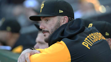 Apr 16, 2025; Pittsburgh, Pennsylvania, USA;  Pittsburgh Pirates pitcher Paul Skenes (30) looks on from the dugout against the Washington Nationals during the second inning at PNC Park. Mandatory Credit: Charles LeClaire-Imagn Images