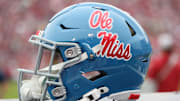 Nov 2, 2024; Fayetteville, Arkansas, USA; Ole Miss Rebels helmet during the game against the Arkansas Razorbacks at Donald W. Reynolds Razorback Stadium. Mississippi won 63-31. Mandatory Credit: Nelson Chenault-Imagn Images