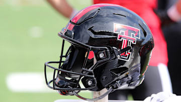 Sep 30, 2023; Lubbock, Texas, USA;  A general view of a Texas Tech Red Raiders helmet on the bench during the game against the Houston Cougars at Jones AT&T Stadium and Cody Campbell Field. Mandatory Credit: Michael C. Johnson-Imagn Images