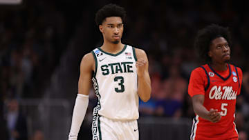 Mar 28, 2025; Atlanta, GA, USA; Michigan State Spartans guard Jaden Akins (3) reacts after a play in the second half of a South Regional semifinal of the 2025 NCAA tournament against the Mississippi Rebels at State Farm Arena. Mandatory Credit: Brett Davis-Imagn Images