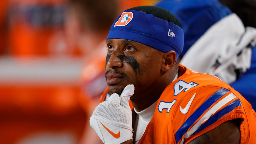 Jan 4, 2026; Denver, Colorado, USA; Denver Broncos wide receiver Courtland Sutton (14) in the fourth quarter against the Los Angeles Chargers at Empower Field at Mile High. Mandatory Credit: Isaiah J. Downing-Imagn Images