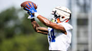 Florida Gators wide receiver Andy Jean (14) makes a catch during fall football practice at Heavener Football Complex at the University of Florida in Gainesville, FL on Wednesday, July 31, 2024.