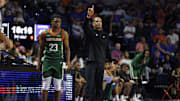 Nov 19, 2024; Gainesville, Florida, USA; Florida A&M Rattlers head coach Patrick Crarey II reacts against the Florida Gators during the second half at Exactech Arena at the Stephen C. O'Connell Center. Mandatory Credit: Morgan Tencza-Imagn Images