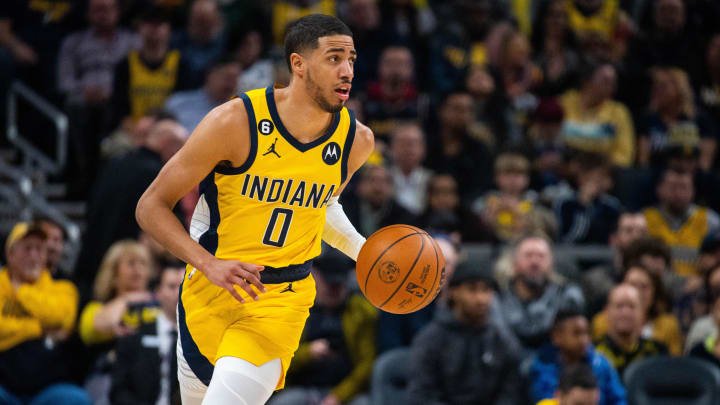 Feb 10, 2023; Indianapolis, Indiana, USA; Indiana Pacers guard Tyrese Haliburton (0) dribbles the ball in the second quarter against the Phoenix Suns at Gainbridge Fieldhouse. Mandatory Credit: Trevor Ruszkowski-USA TODAY Sports