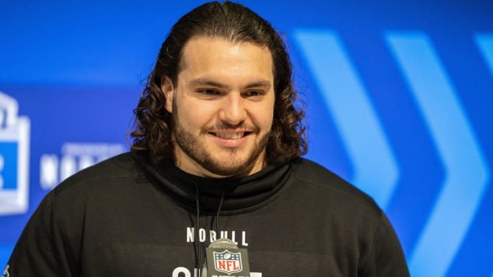 Mar 2, 2024; Indianapolis, IN, USA; Penn State offensive lineman Hunter Nourzad (OL53) talks to the media during the 2024 NFL Combine at Lucas Oil Stadium. Mandatory Credit: Trevor Ruszkowski-USA TODAY Sports